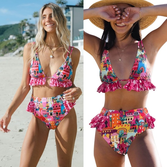 NWT Women High Waisted Swimsuit Ruffle V Neck Bikini Two Pieces Swimwear SIZE L - Picture 3 of 17